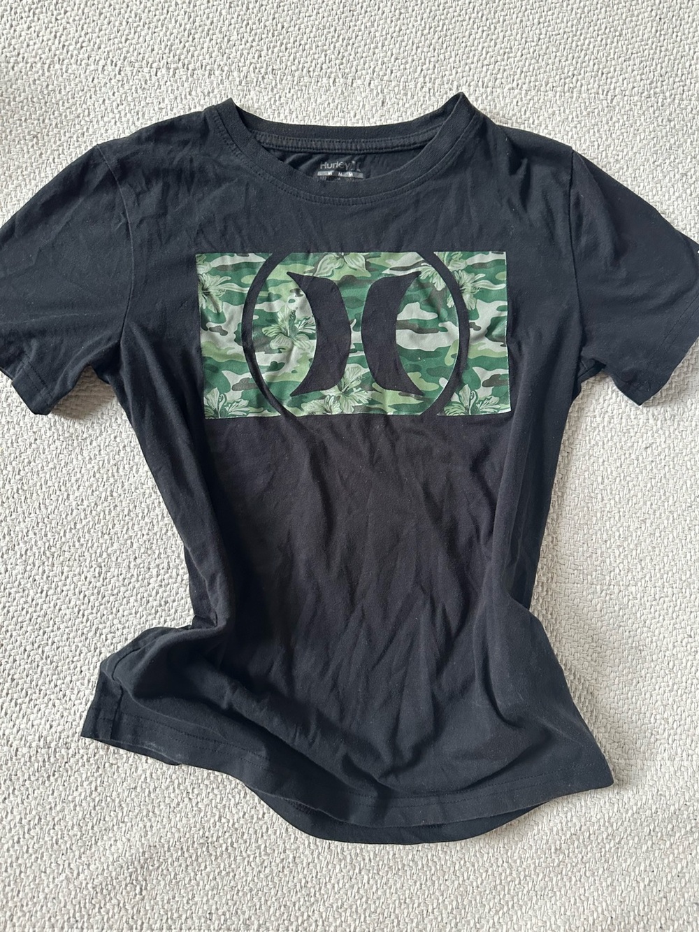 Hurley Black Tee with Green Camo Logo Panel